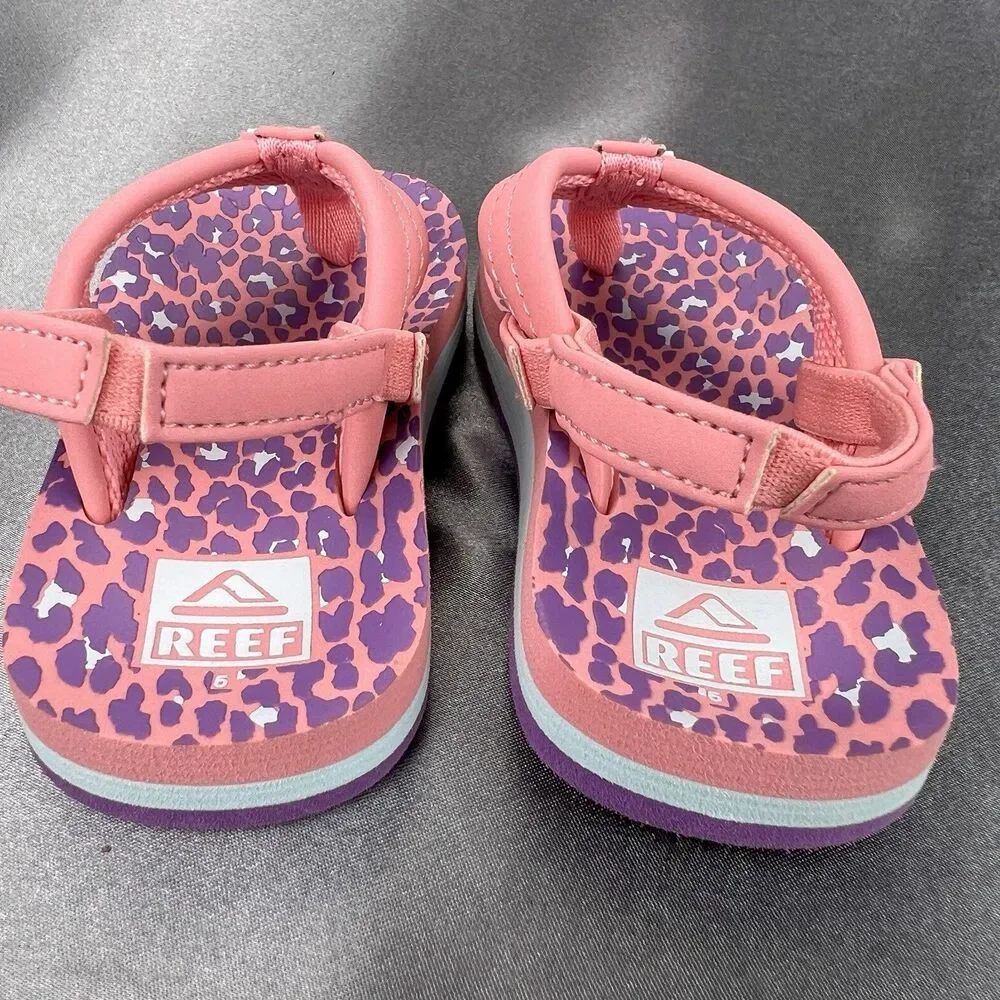 REEF Lil Ahi Toddler's 5 Slingback‎ Sandals Pink Cheetah Summer Flip Flops Beach
